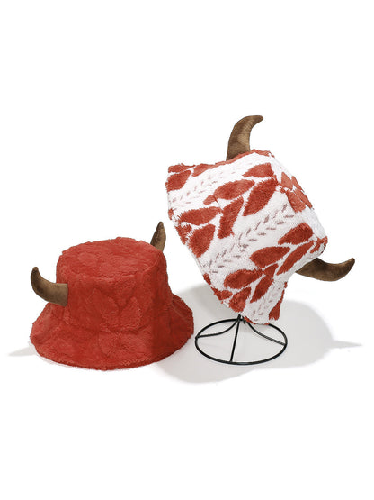 Haila Cow Print Fuzzy Bucket Hat with Horns