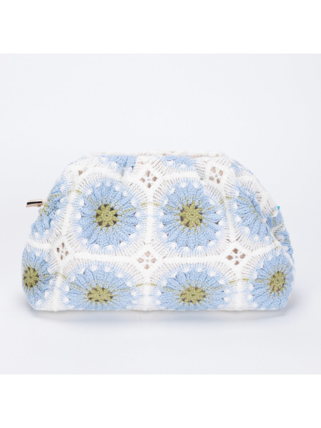 Cosbai crochet floral makeup pouch with colorful flower patterns on beige background