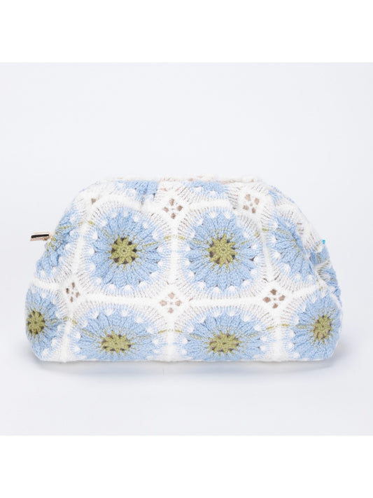 Cosbai crochet floral makeup pouch with colorful flower patterns on beige background