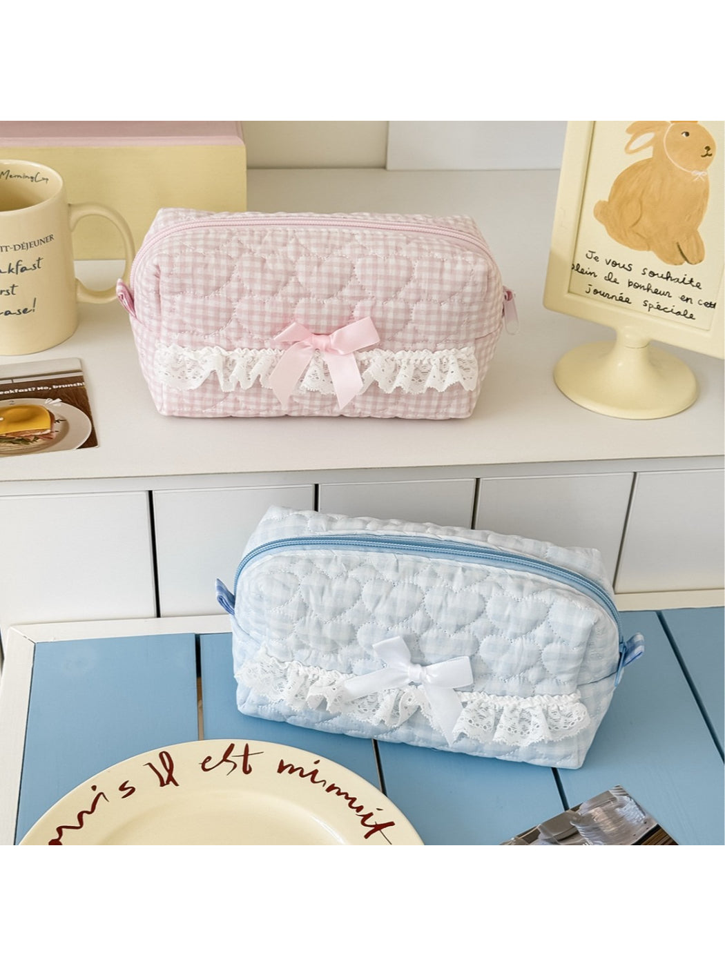 Cosbai Lace Bow Gingham Cosmetic Pouch front view with lace and bow detail