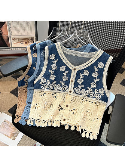 Crosa - Boho Tassel Crochet Floral Embroidered Vest