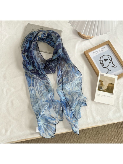 Scarvii - Semi Sheer Dyed Pattern Long Narrow Scarf
