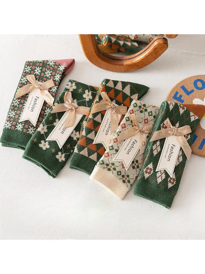 Rufia - Christmas Mid-Calf Socks with Geometric & Floral Pattern