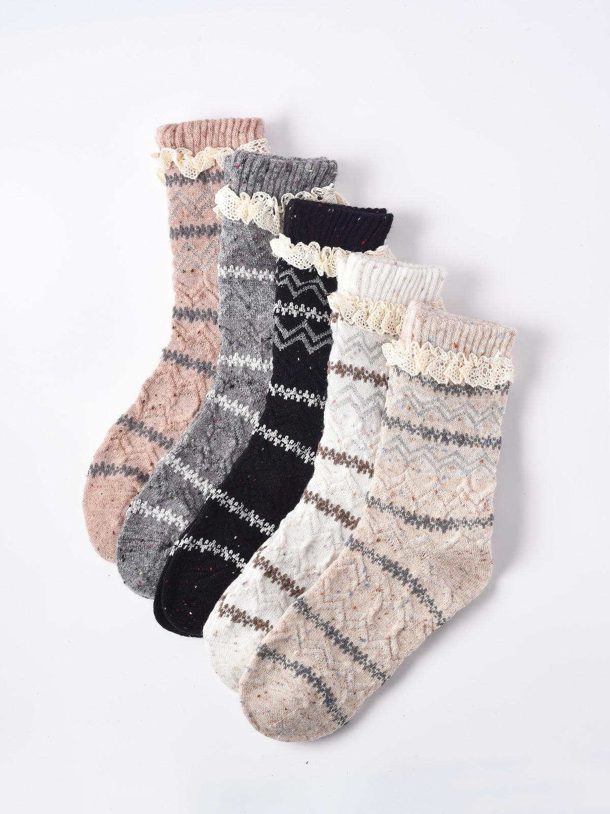 Rufia - Lace Trim Cozy Pattern Crew Socks