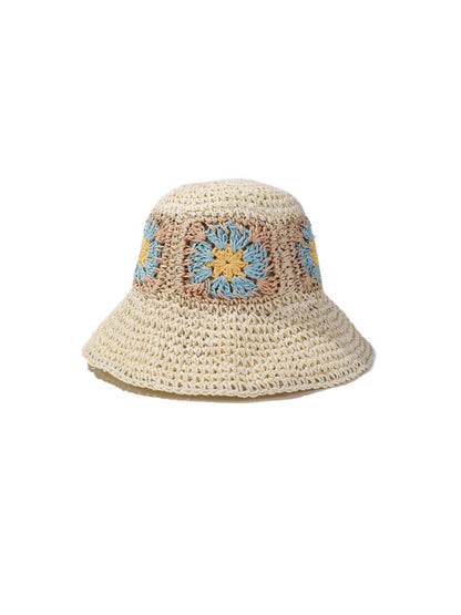 Close-up of crochet flower patch detail on Haila bucket hat