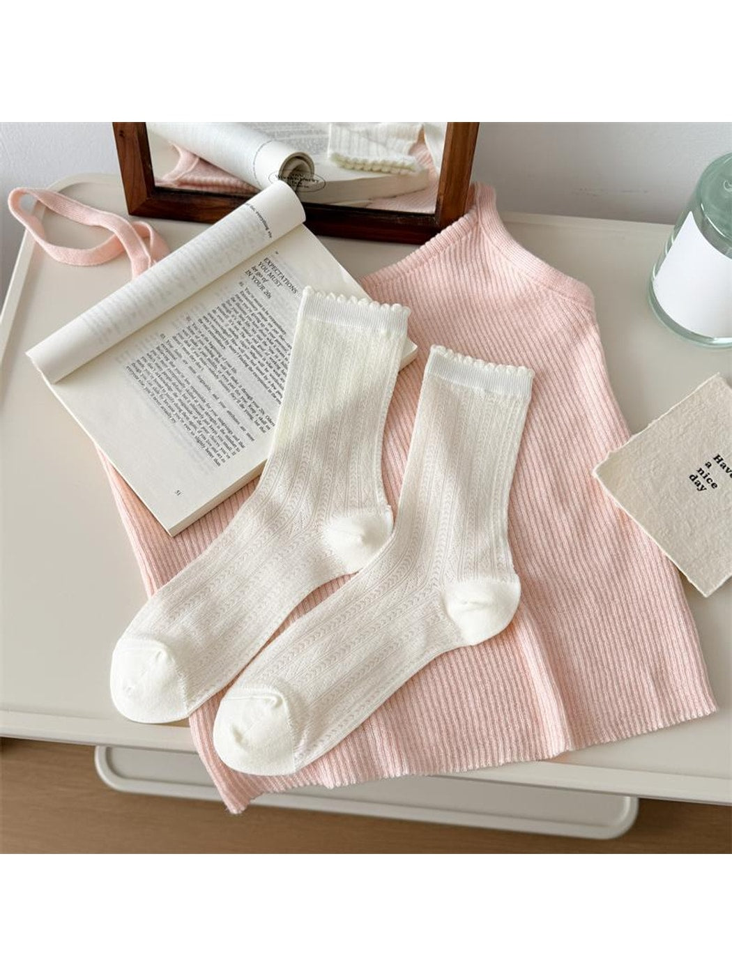Rufia - White Embossing Scalloped Edge Crew Socks