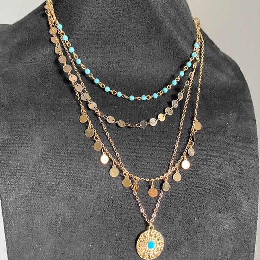 Bauai - 4-Layered Blue Bead & Gold Sun Pendant Necklace