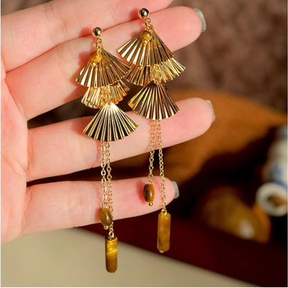 Earwish - Golden Fan & Bead Earrings - Classic & Chic