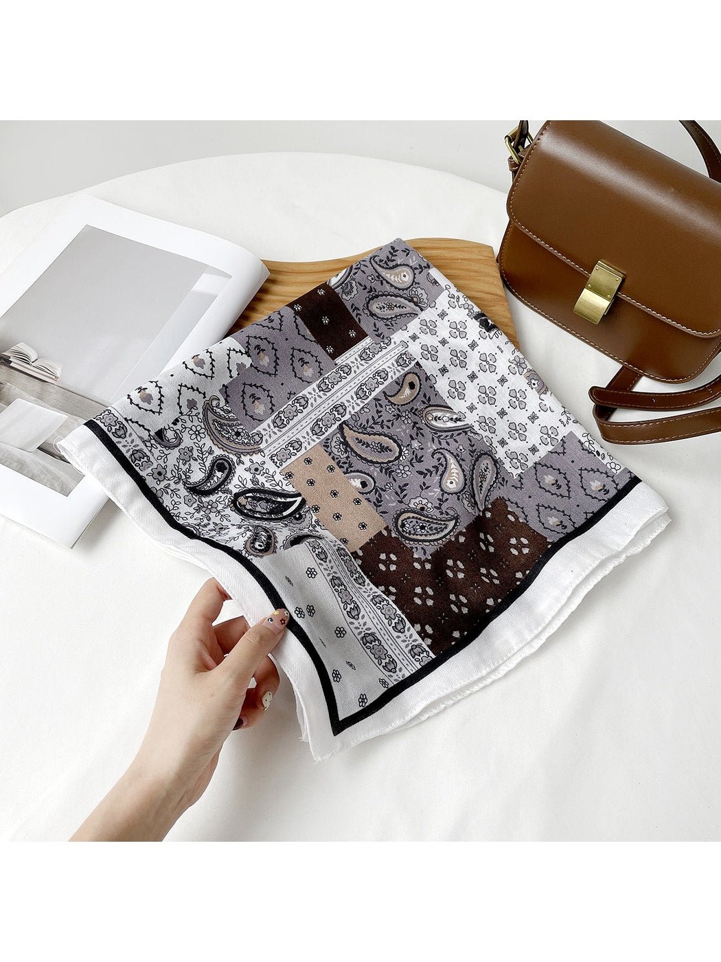 Scarvii - Paisley Print Color Block Square Scarf