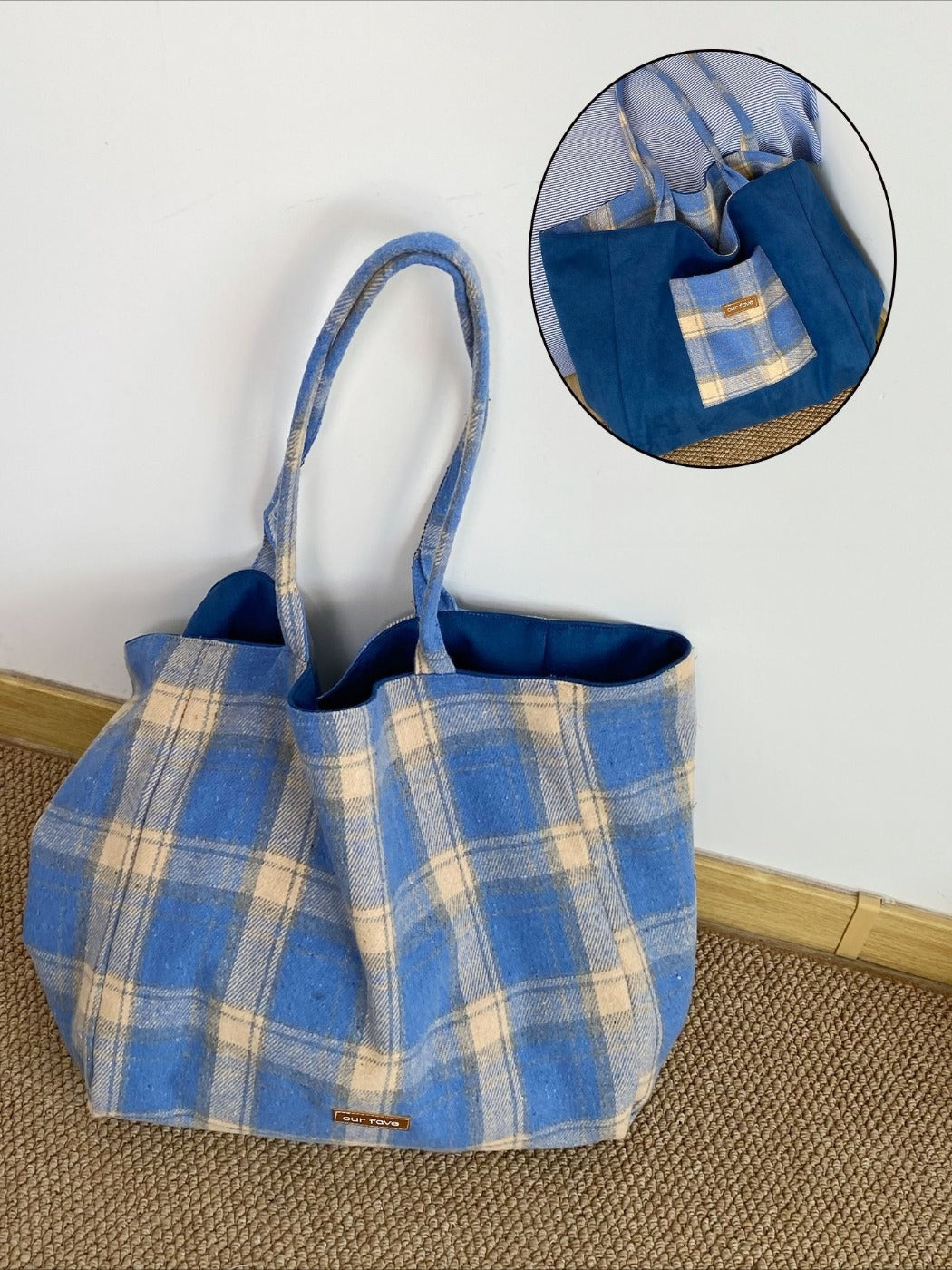 Cosbai – Dual-Side Tote Bag with Plaid Pattern