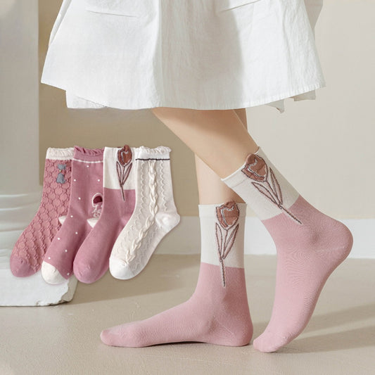 Rufia - Pink Floral Women’s Mid-Calf Socks