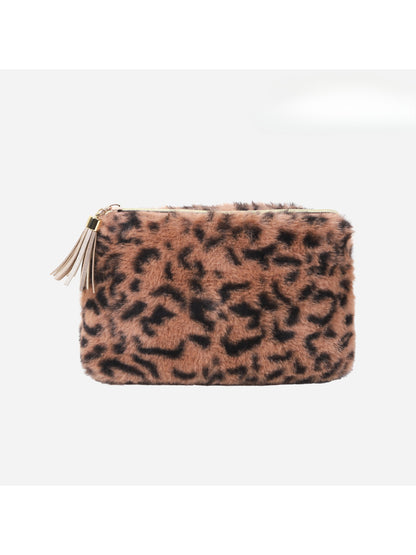 Cosbai plush leopard print makeup bag with tassel on a white background