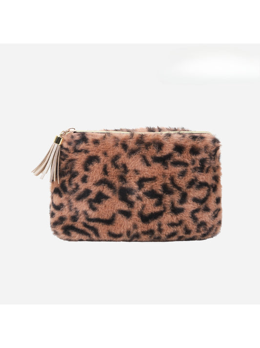 Cosbai plush leopard print makeup bag with tassel on a white background