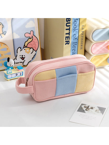 Cosbai - Color Block Corduroy Makeup Bag