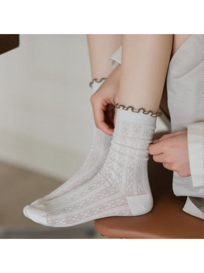Rufia - Color Trim Ruffle Cuff Crew Socks