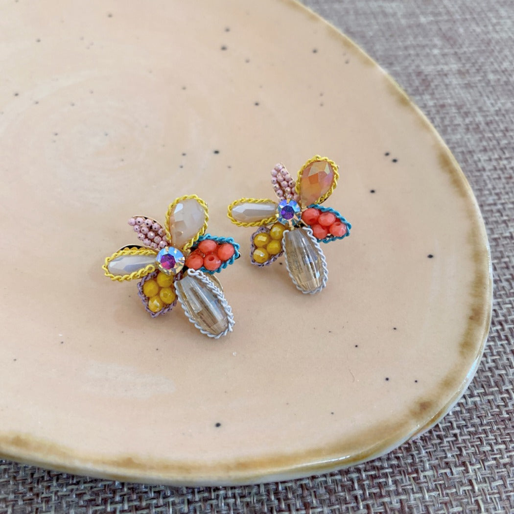 Earwish - Yellow Beaded Flower Earrings - Chic & Delicate