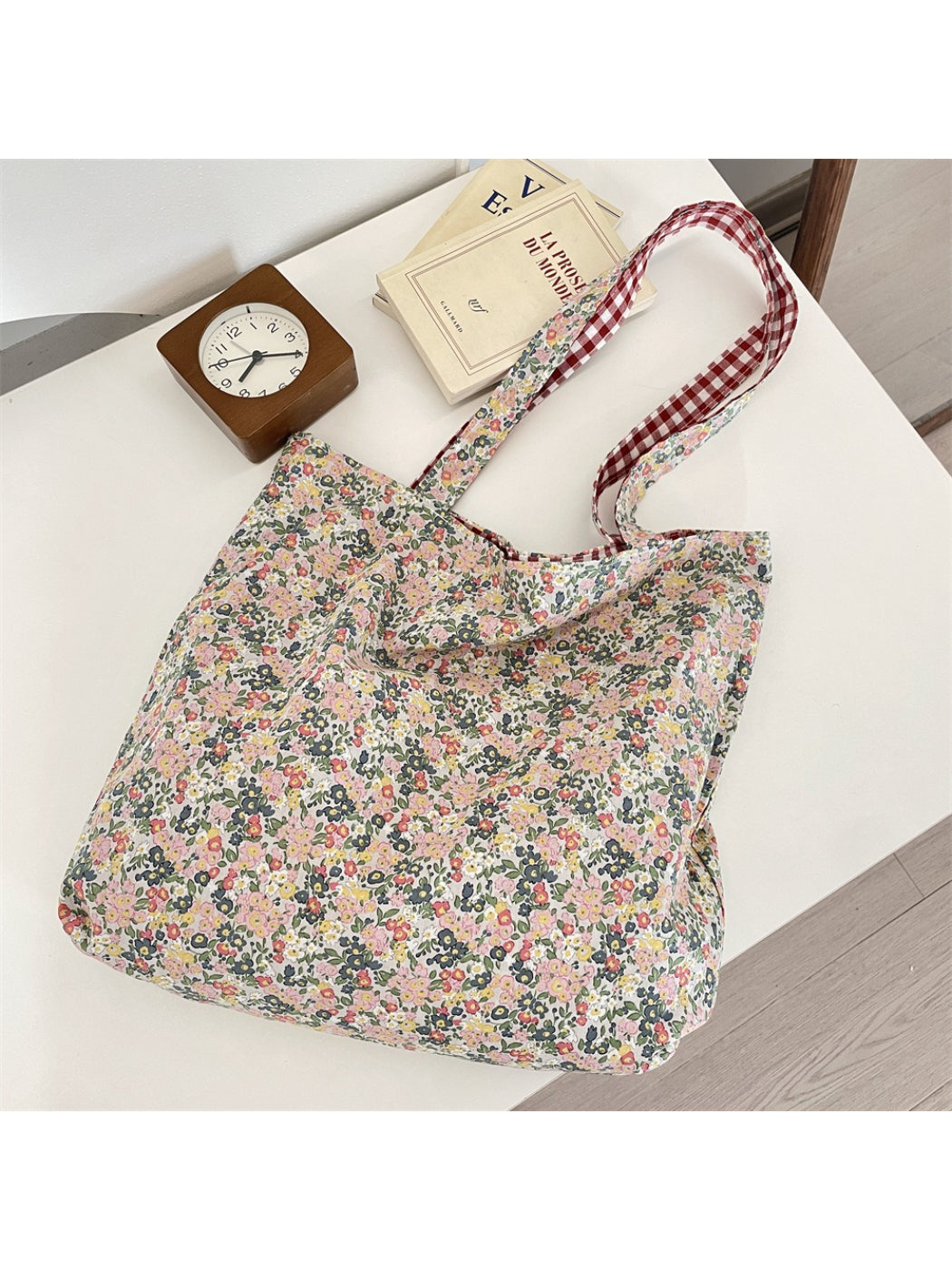 Cosbai - Reversible Gingham Floral Shoulder Bag
