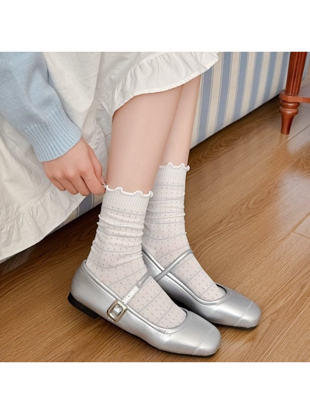 Rufia - Ruffle Trim Striped Crew Socks