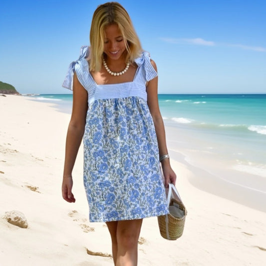 Blue Floral & Striped Dress
