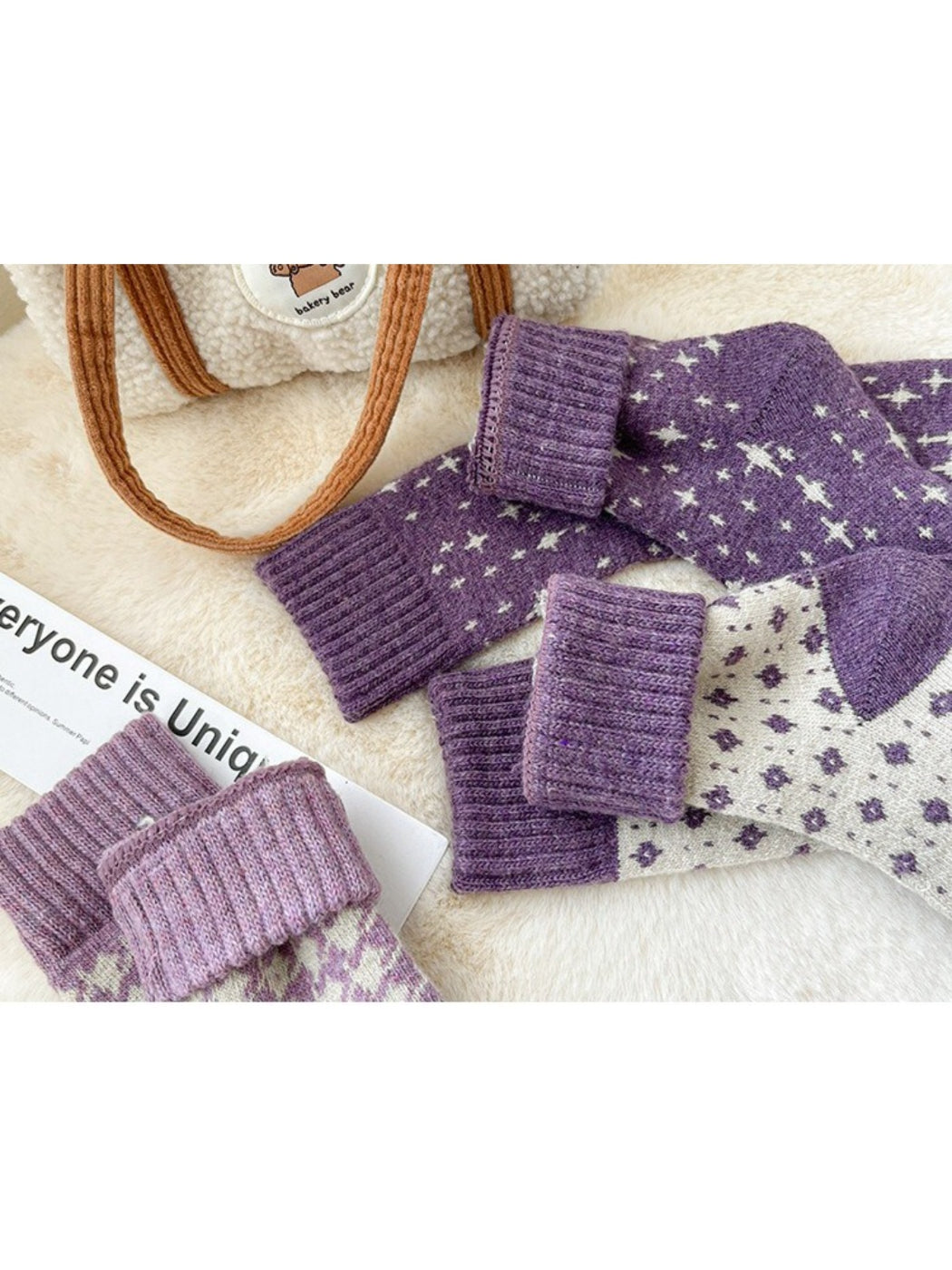 Rufia purple patterned crew socks close view