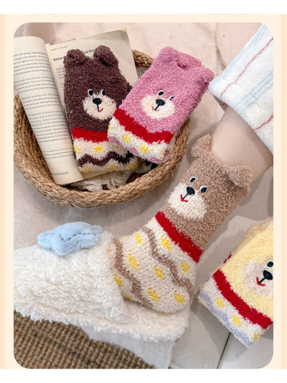Rufia - Bear Face Fuzzy Ear-Edge Crew Socks