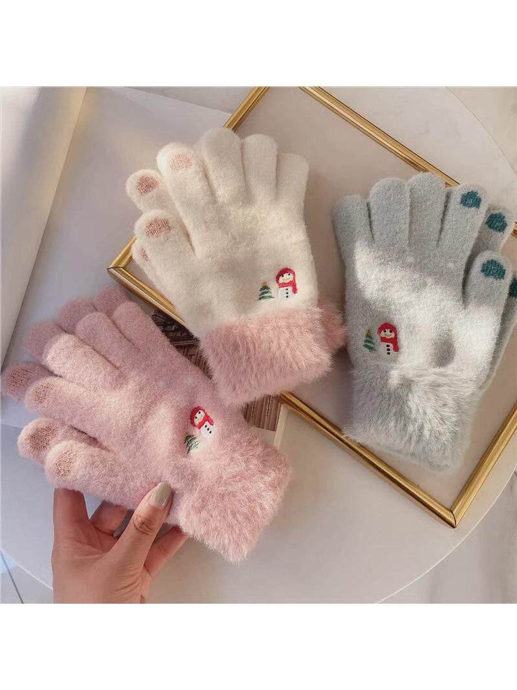 Gloving - Snowman Embroidered Plush Cuff Winter Gloves