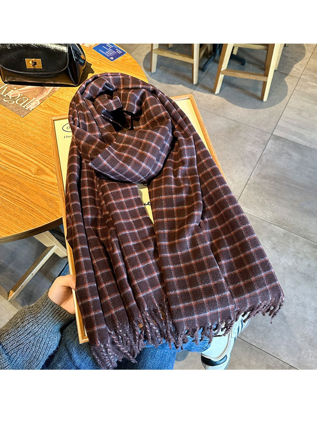 Scarvii - Retro Windowpane Fringe Plaid Scarf