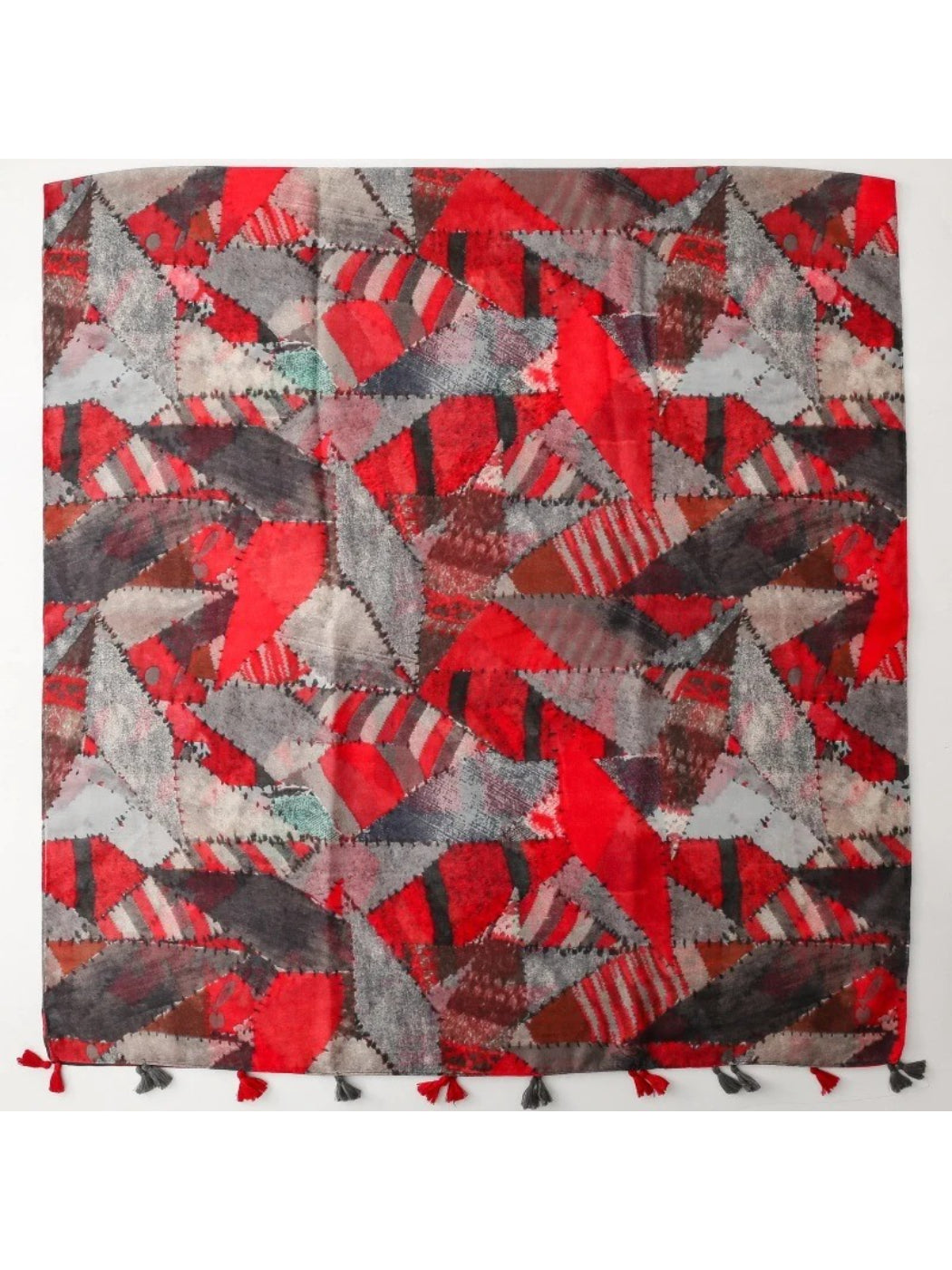 Scarvii - Red Gray Geometric Mosaic Tassel Scarf