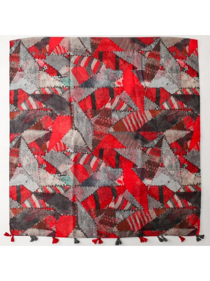 Scarvii - Red Gray Geometric Mosaic Tassel Scarf