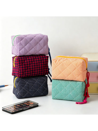 Cosbai - Color Block Plaid Cosmetic Organizer Bag