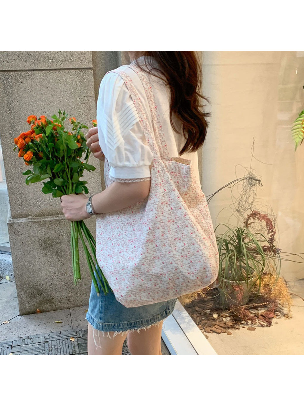Cosbai floral print tote bag with pink and green flower design on beige background