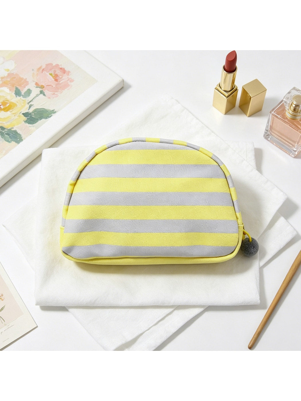 Cosbai - Striped Half-moon Cosmetic Organizer Bag