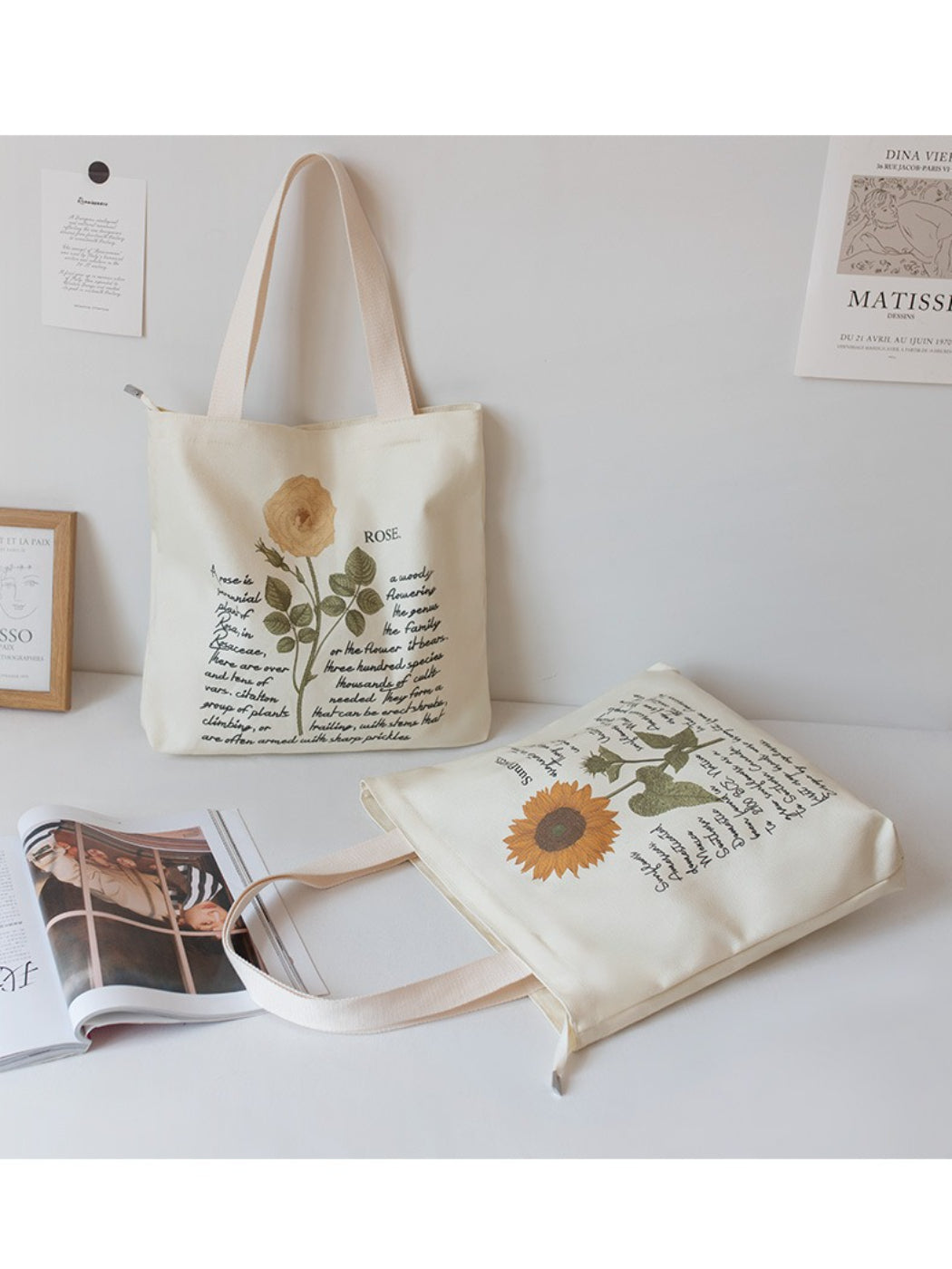 Cosbai - Botanical Script Floral Illustration Tote Bag