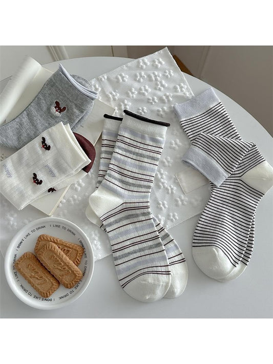 Rufia - Playful Dog Embroidery Ribbed Crew Socks