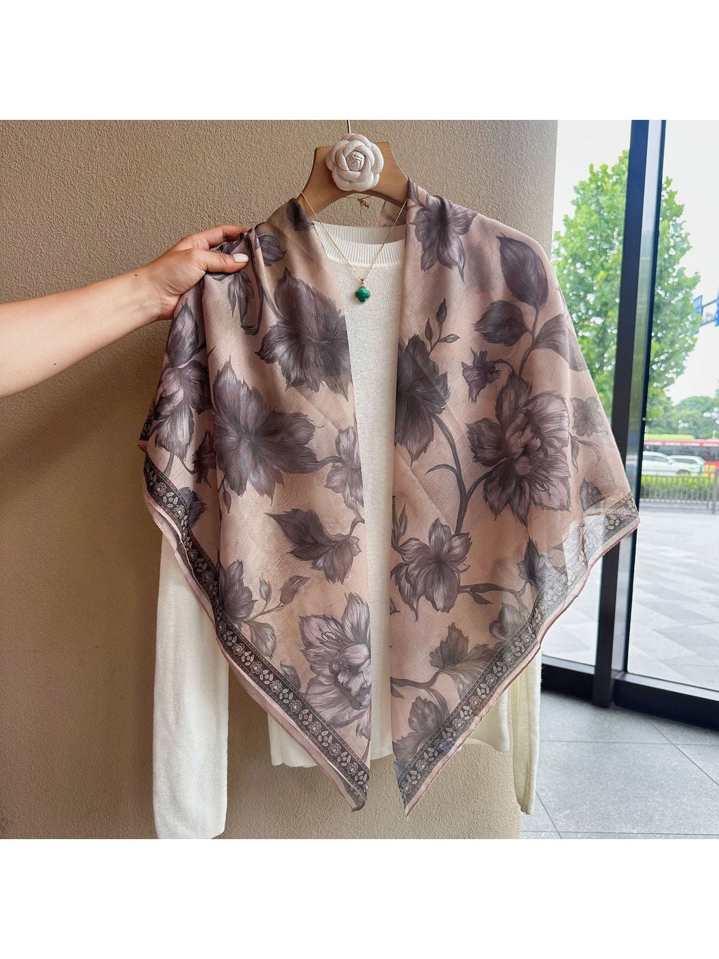 Scarvii - Muted Grey Vintage Floral Print Square Scarf