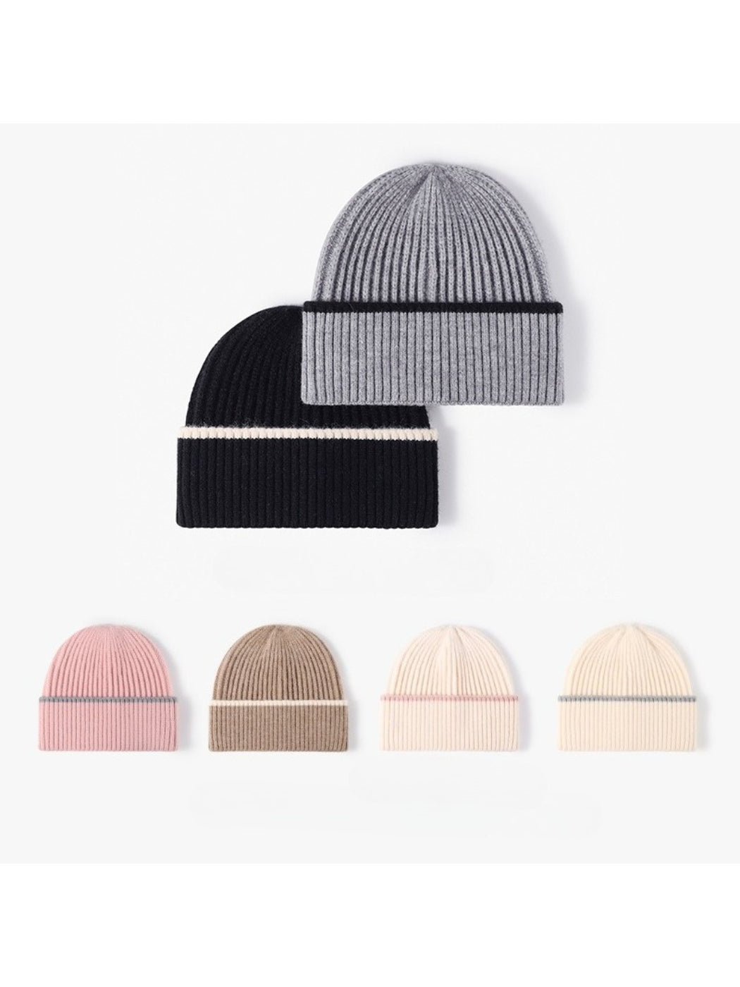 Haila - Fine Rib Contrast Stripe Cuffed Knit Beanie