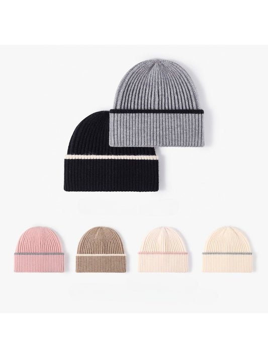 Haila - Fine Rib Contrast Stripe Cuffed Knit Beanie