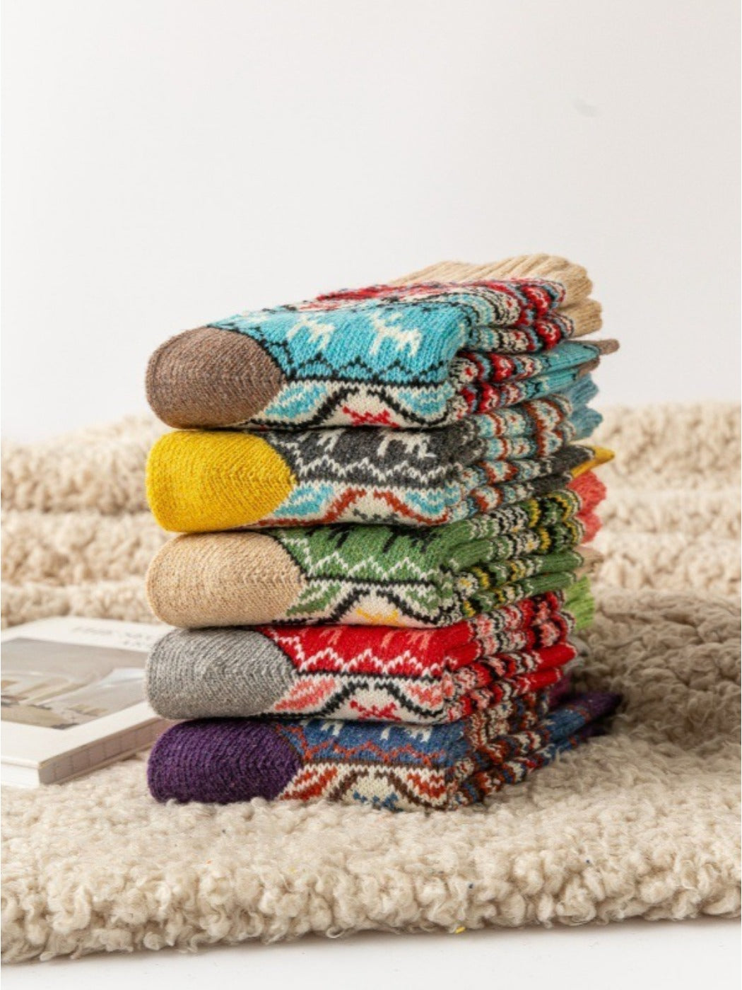 Rufia - Colorful Retro Thick Mid-Calf Winter Socks - 5 Pairs/Pack