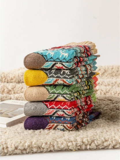 Rufia - Colorful Retro Thick Mid-Calf Winter Socks - 5 Pairs/Pack