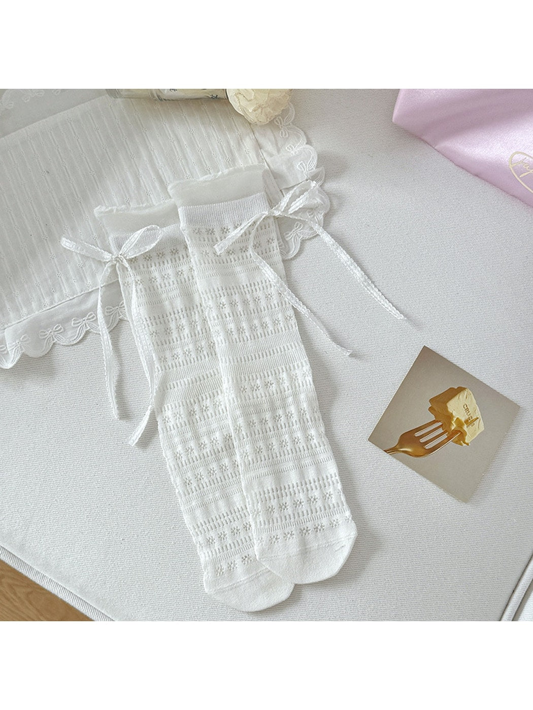 Rufia - Sweet Bow Lace Trim Solid Color Crew Socks