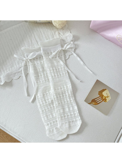 Rufia - Sweet Bow Lace Trim Solid Color Crew Socks