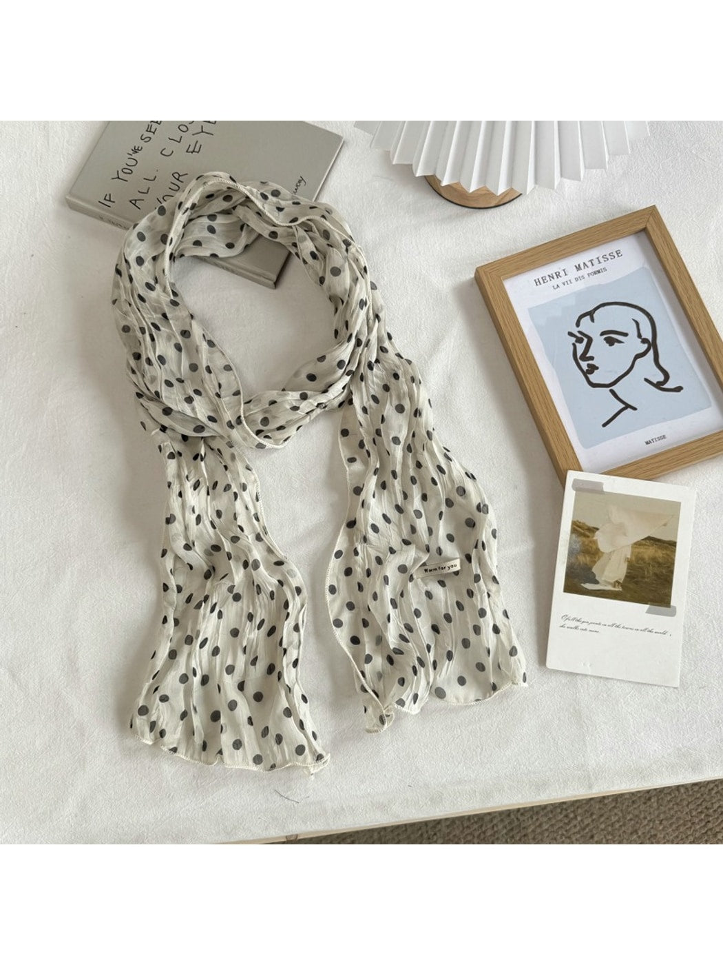 Scarvii - Polka Dot Pleated Long Narrow Scarf