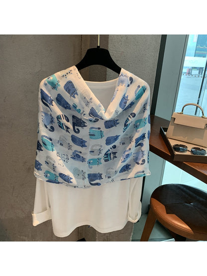 Scarvii - Blue Tone Cartoon Cat Pattern Scarf