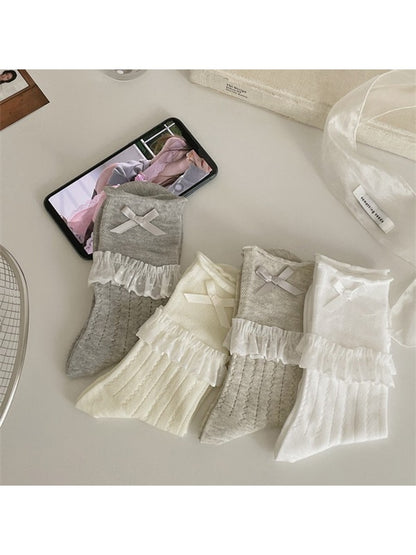 Rufia - Ballet Style Lace Ribbon Bow Detail Crew Socks