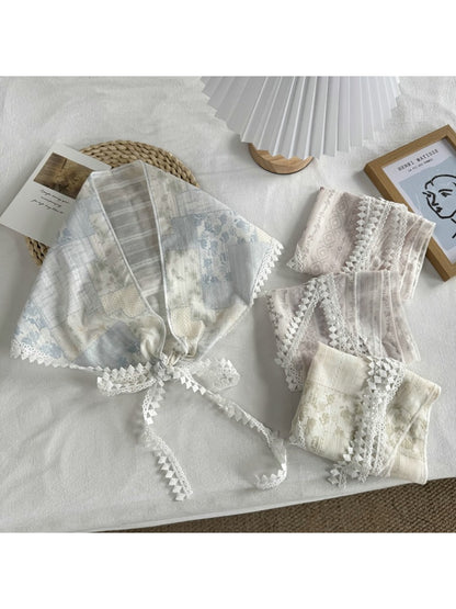 Scarvii - Elegant Floral Print Lace Edge Bandana Scarf