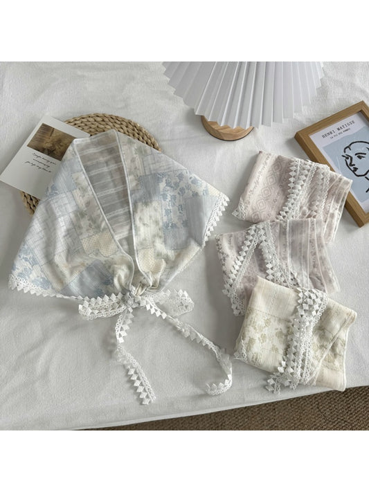 Scarvii - Elegant Floral Print Lace Edge Bandana Scarf
