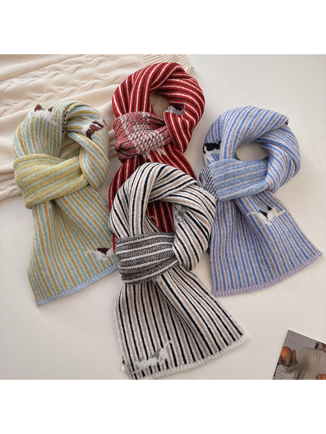 Scarvii - Striped Knit Scarf With Sheep