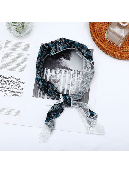 Scarvii - Floral Print Lace Trim Narrow Scarf
