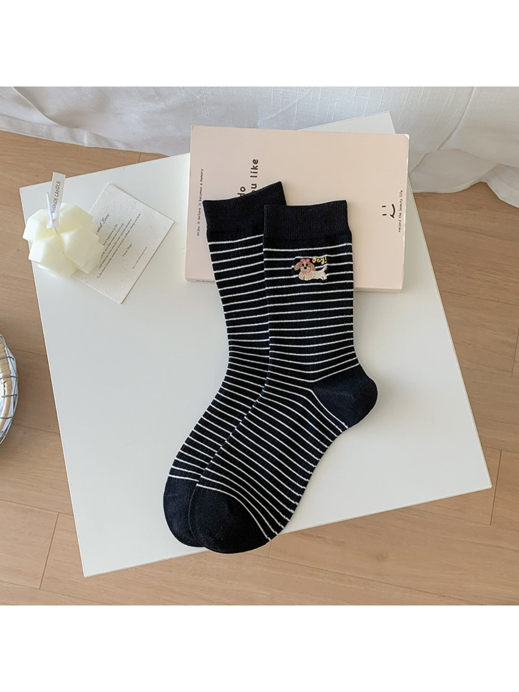 Rufia - Striped Puppy Embroidery Crew Socks