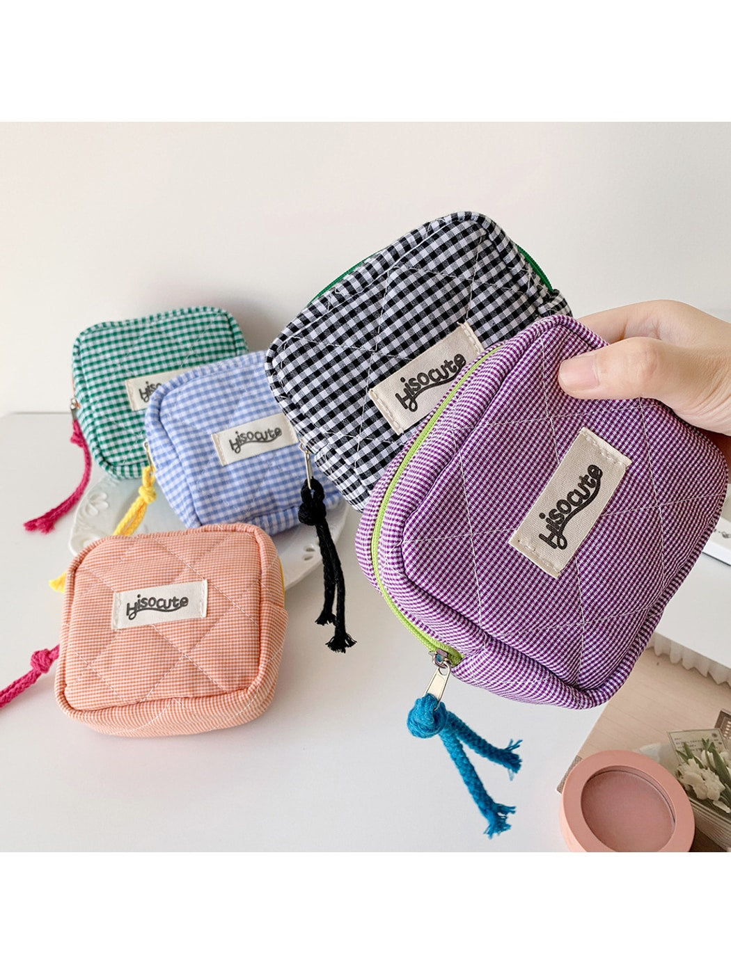 Cosbai - Square Plaid Everyday Storage Zipper Pouch Bag